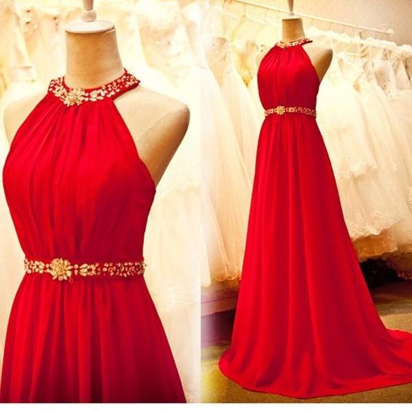 Beautiful Halter Red Long Chiffon Prom Dress With Beadings Prom